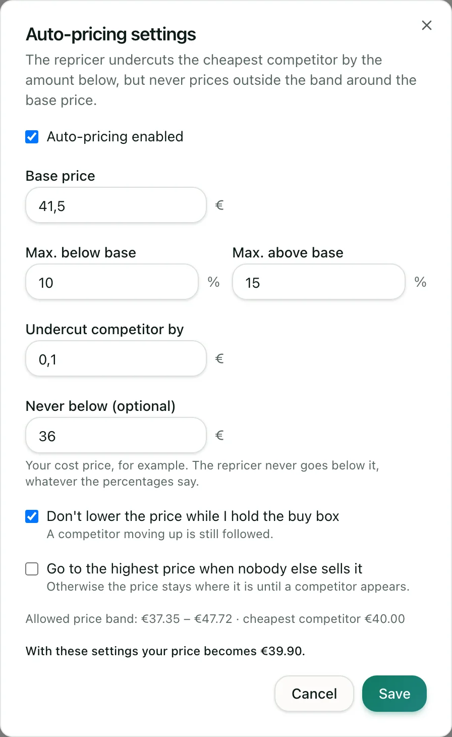 De auto-pricing-instellingen van één aanbod: basisprijs, bandbreedte, ondergrens en de resulterende prijs